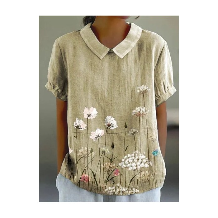 Women Floral Short Sleeve Shirt Summer Printing Shawl Collar Daily Casual Top