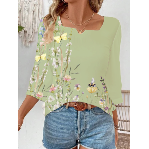 Women Floral Three Quarter Sleeve Blouse Spring/Fall Printing Notched Daily Casual Top