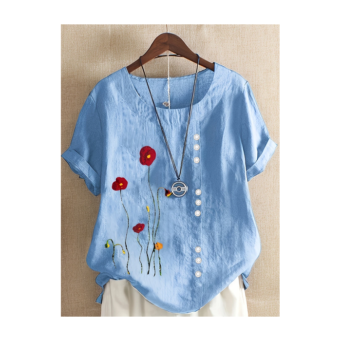 Women Floral Short Sleeve Shirt Summer Printing Crew Neck Daily Casual Top