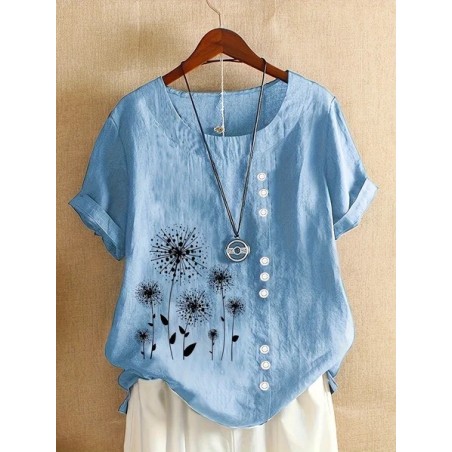 Women Floral Short Sleeve Shirt Summer Printing Crew Neck Daily Casual Top