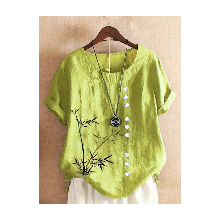 Women Floral Short Sleeve Shirt Summer Printing Crew Neck Daily Casual Top