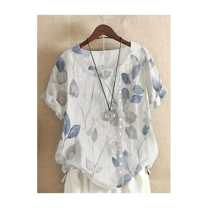 Women Floral Short Sleeve Shirt Summer Printing Crew Neck Daily Casual Top