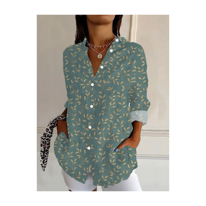 Women Floral Long Sleeve Shirt Spring/Fall Buckle Shirt Collar Daily Casual Top