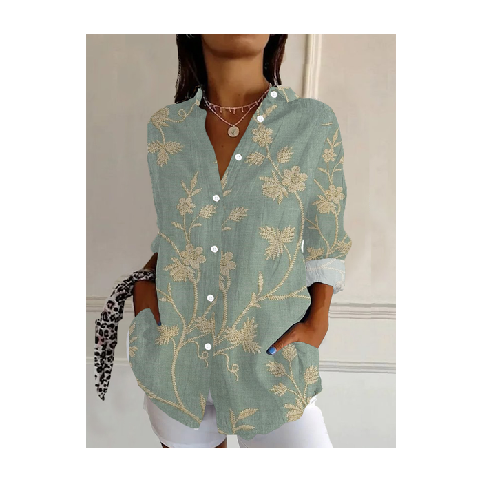 Women Floral Long Sleeve Shirt Spring/Fall Buckle Shirt Collar Daily Casual Top