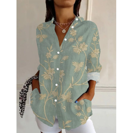 Women Floral Long Sleeve Shirt Spring/Fall Buckle Shirt Collar Daily Casual Top