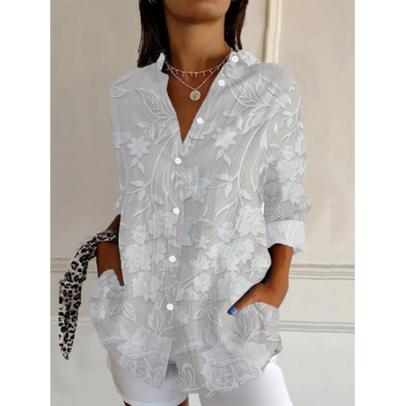 Women Floral Long Sleeve Shirt Spring/Fall Buckle Shirt Collar Daily Casual Top