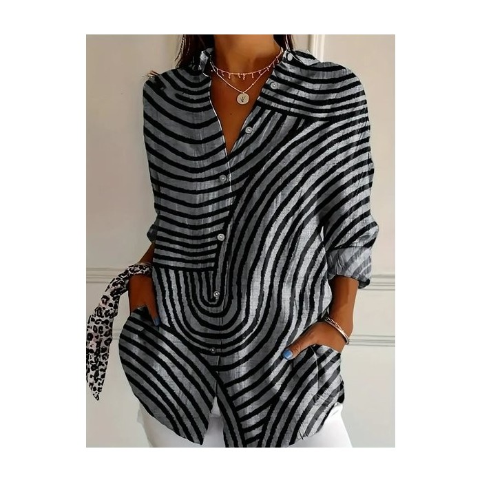 Women Striped Long Sleeve Shirt Spring/Fall Shirt Collar Daily Casual Top