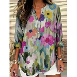 Women Floral Long Sleeve Blouse Spring/Fall Printing V Neck Daily Casual Top