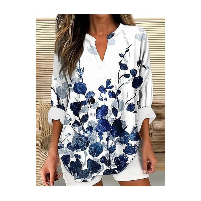Women Floral Long Sleeve Blouse Spring/Fall Printing V Neck Daily Casual Top