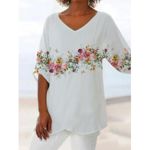 Women Floral Short Sleeve Shirt Summer Printing V Neck Daily Casual Top