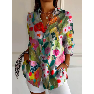 Women Floral Long Sleeve Shirt Spring/Fall Buckle Shirt Collar Daily Casual Top