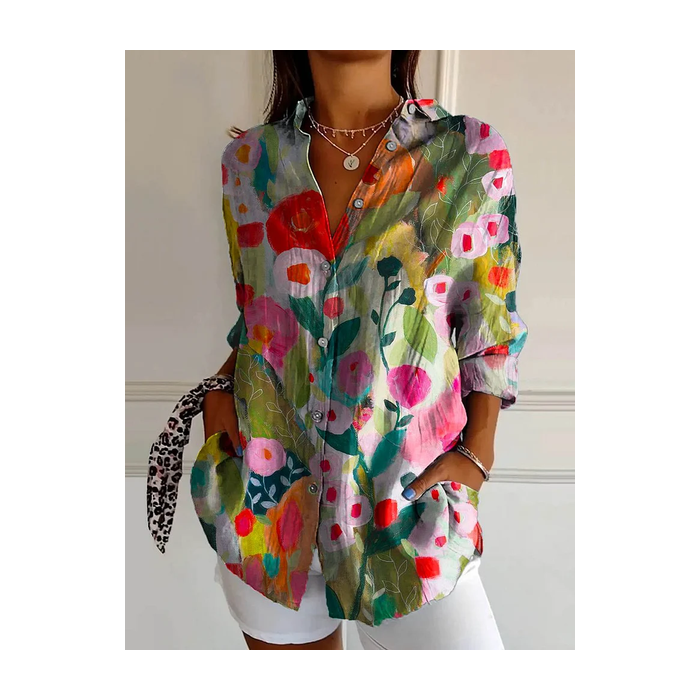 Women Floral Long Sleeve Shirt Spring/Fall Buckle Shirt Collar Daily Casual Top