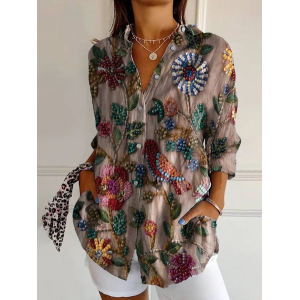 Women Floral Long Sleeve Shirt Spring/Fall Buckle Shirt Collar Daily Casual Top