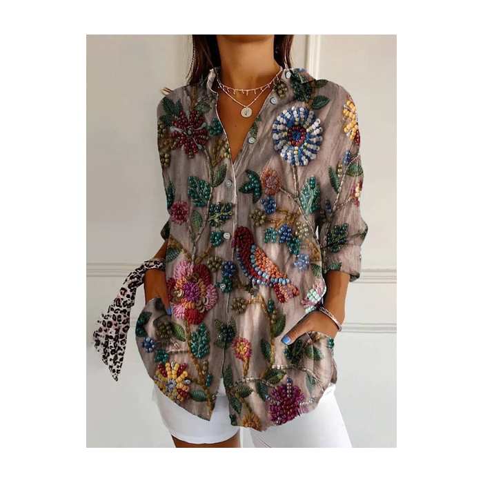 Women Floral Long Sleeve Shirt Spring/Fall Buckle Shirt Collar Daily Casual Top