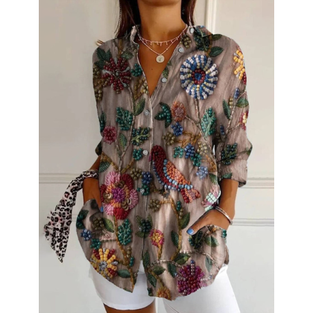 Women Floral Long Sleeve Shirt Spring/Fall Buckle Shirt Collar Daily Casual Top