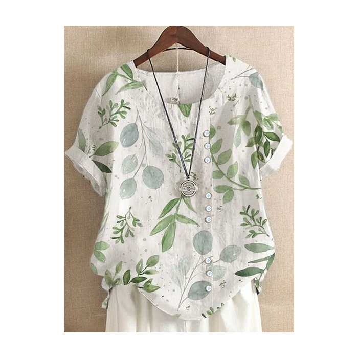 Women Floral Short Sleeve Shirt Summer Printing Crew Neck Daily Casual Top