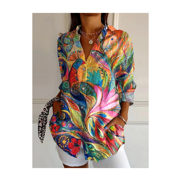 Women Phoenix Long Sleeve Shirt Spring/Fall Buckle Shirt Collar Daily Casual Top