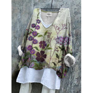 Women Floral Long Sleeve Blouse Spring/Fall Printing V Neck Daily Casual Top