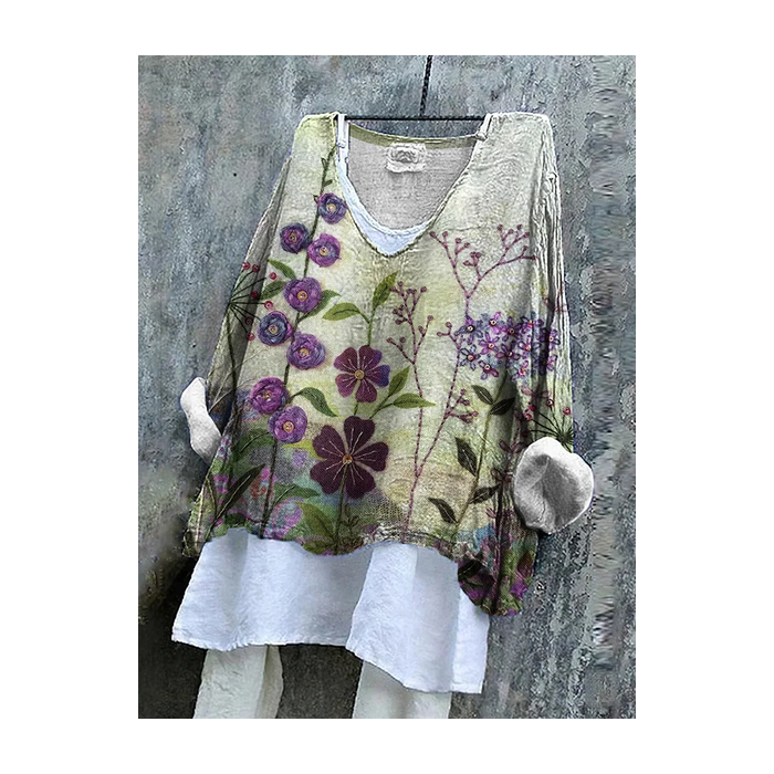 Women Floral Long Sleeve Blouse Spring/Fall Printing V Neck Daily Casual Top
