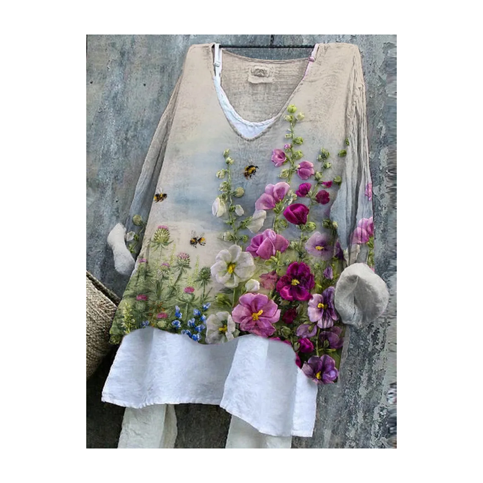 Women Floral Long Sleeve Blouse Spring/Fall Printing V Neck Daily Casual Top