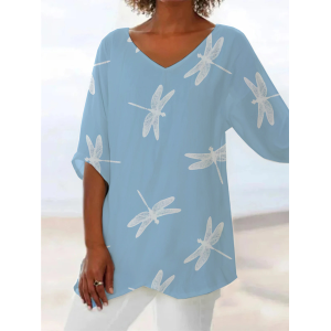 Women Dragonfly Short Sleeve Shirt Summer Printing V Neck Daily Casual Top
