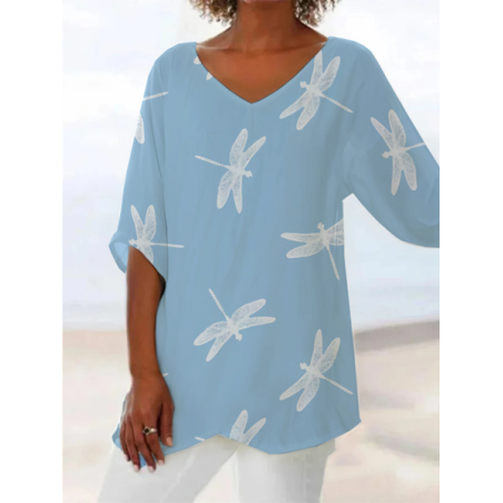 Women Dragonfly Short Sleeve Shirt Summer Printing V Neck Daily Casual Top
