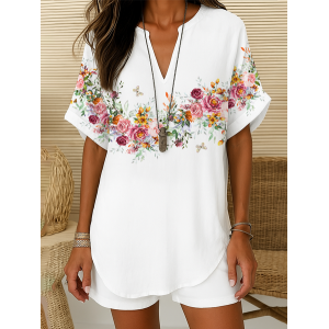 Women Floral Short Sleeve Shirt Summer Printing V Neck Daily Casual Top