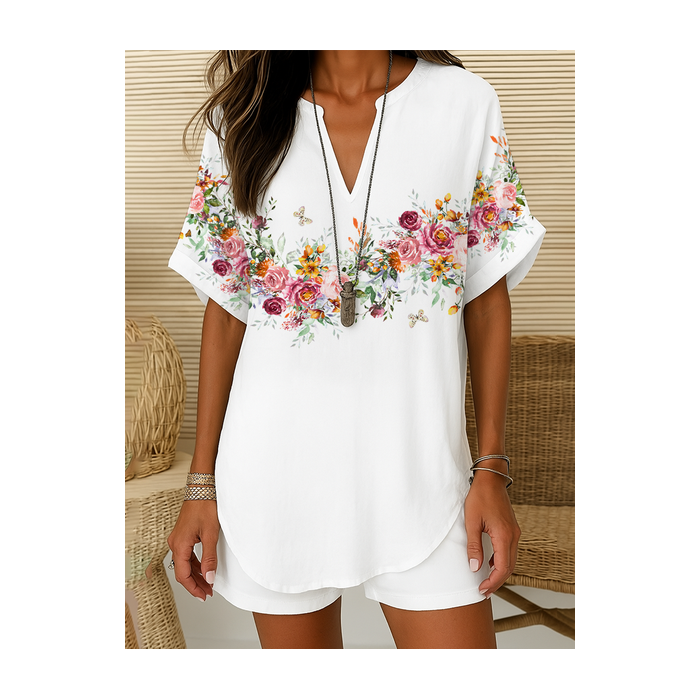 Women Floral Short Sleeve Shirt Summer Printing V Neck Daily Casual Top