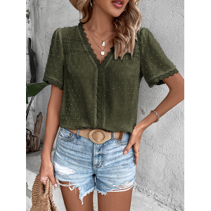 Women Polka Dots Short Sleeve Shirt Summer V Neck Daily Casual Top