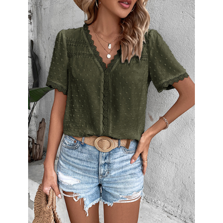 Women Polka Dots Short Sleeve Shirt Summer V Neck Daily Casual Top