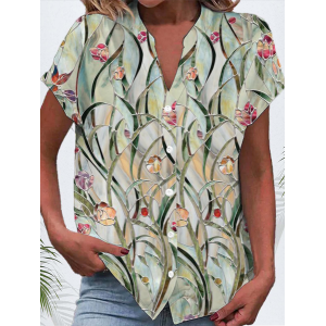 Women Floral Short Sleeve Shirt Summer Buckle V Neck Daily Casual Top