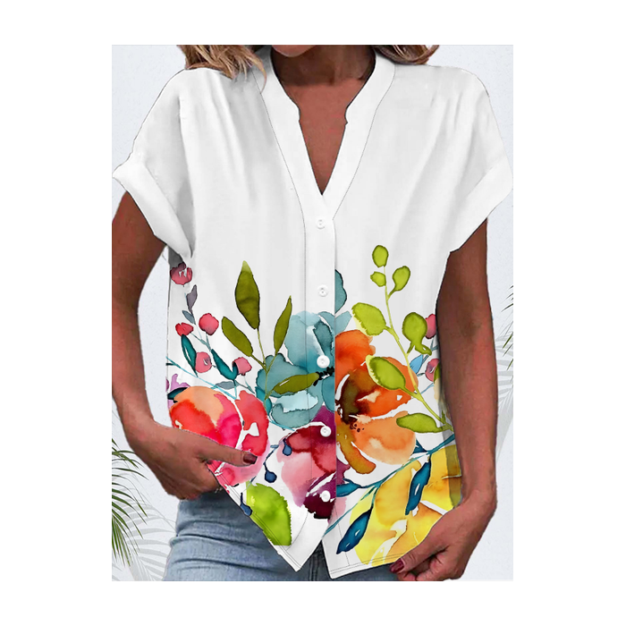 Women Floral Short Sleeve Shirt Summer Buckle V Neck Daily Casual Top