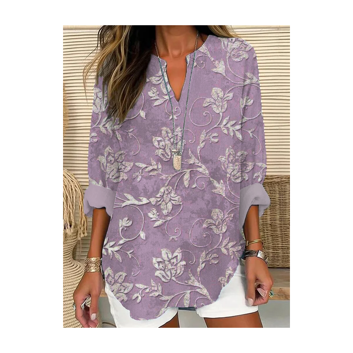 Women Floral Long Sleeve Blouse Spring/Fall Printing V Neck Daily Casual Top