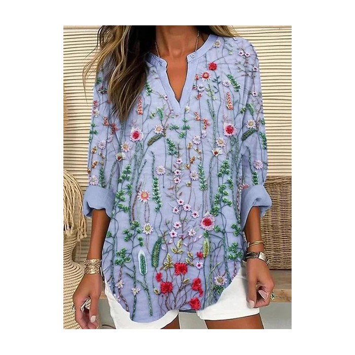 Women Floral Long Sleeve Blouse Spring/Fall Printing V Neck Daily Casual Top