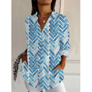 Women Geometric Long Sleeve Shirt Spring/Fall Buckle Shirt Collar Daily Casual Top