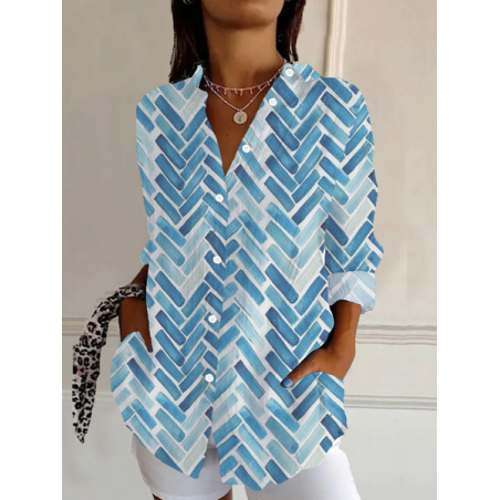 Women Geometric Long Sleeve Shirt Spring/Fall Buckle Shirt Collar Daily Casual Top