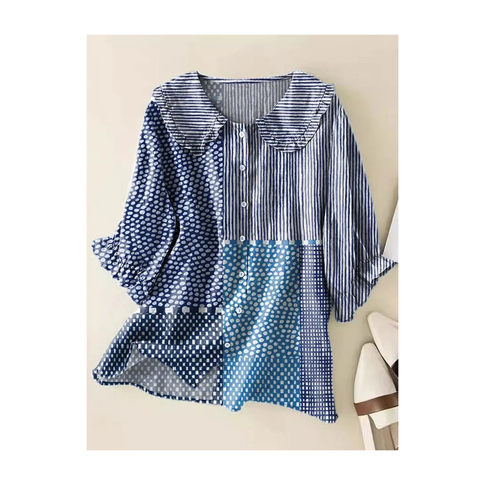 Women Striped Short Sleeve Shirt Summer Printing Shawl Collar Daily Casual Top