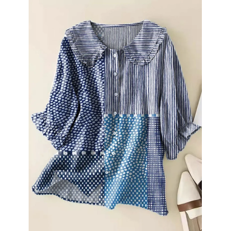 Women Striped Short Sleeve Shirt Summer Printing Shawl Collar Daily Casual Top