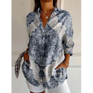 Women Floral Long Sleeve Shirt Spring/Fall Buckle Shirt Collar Daily Casual Top