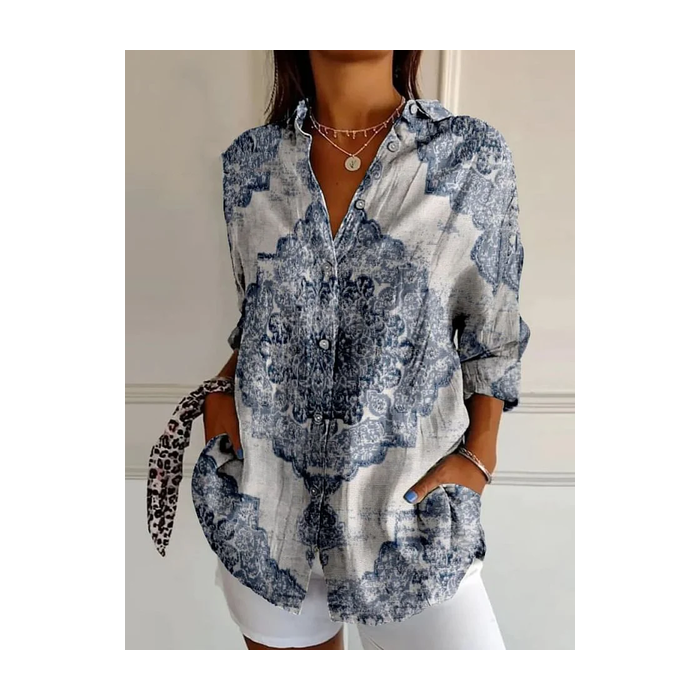 Women Floral Long Sleeve Shirt Spring/Fall Buckle Shirt Collar Daily Casual Top