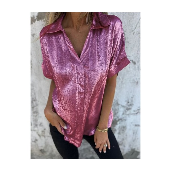 Women Plain Short Sleeve Shirt Summer Metal Shawl Collar Daily Casual Top