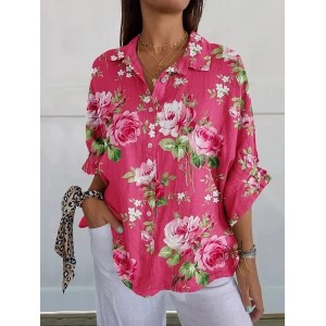 Women Floral Three Quarter Sleeve Shirt Spring/Fall Printing Shirt Collar Daily Casual Top