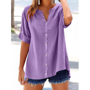 Women Plain Short Sleeve Shirt Summer V Neck Daily Casual Top