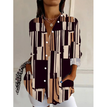 Women Geometric Long Sleeve Shirt Spring/Fall Buckle Shirt Collar Daily Casual Top