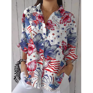 Women Floral Three Quarter Sleeve Shirt Spring/Fall Printing Shirt Collar Daily Casual Top