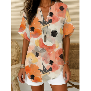 Women Floral Short Sleeve Shirt Summer Printing V Neck Daily Casual Top
