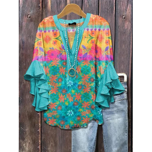 Women Floral Half Sleeve Shirt Summer Printing V Neck Daily Casual Top