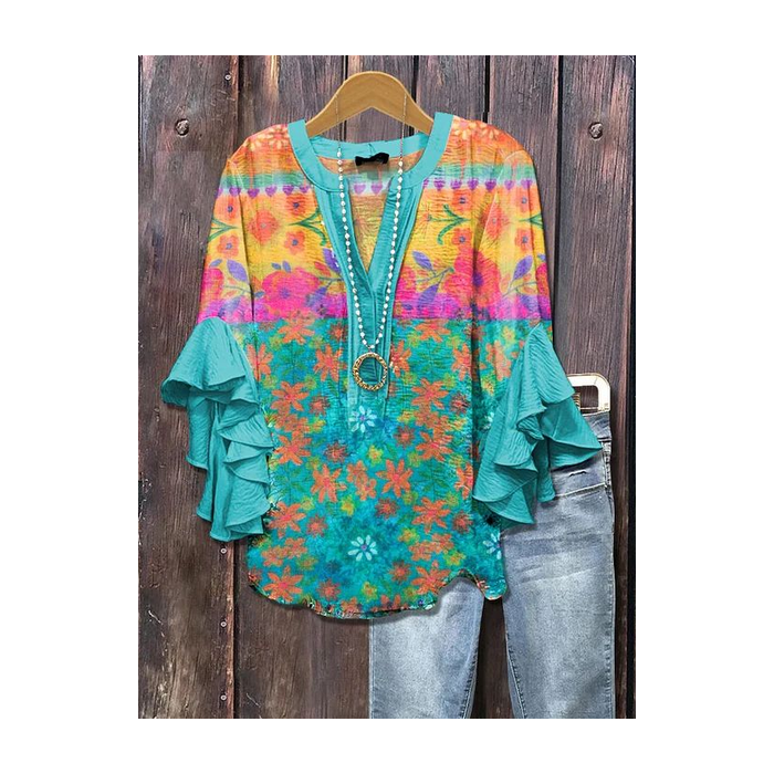 Women Floral Half Sleeve Shirt Summer Printing V Neck Daily Casual Top