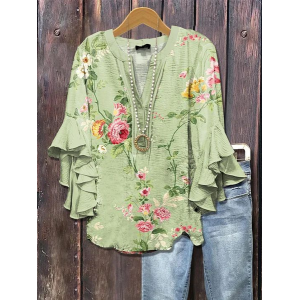 Women Floral Half Sleeve Shirt Summer Printing V Neck Daily Casual Top