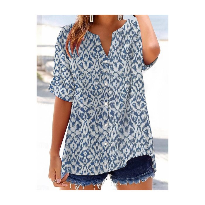 Women Abstract Short Sleeve Shirt Summer Printing V Neck Daily Casual Top